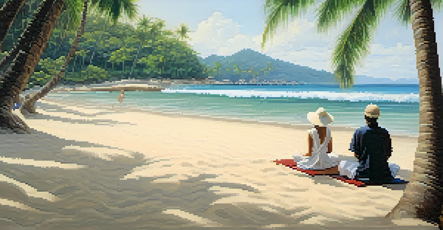 A serene beach in Koh Samui with guests meditating under a palm tree.