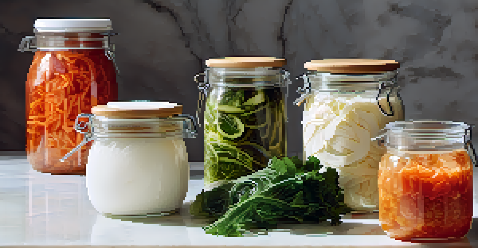 Glass jars containing fermented foods like yogurt, kimchi, and sauerkraut arranged on a white marble countertop.