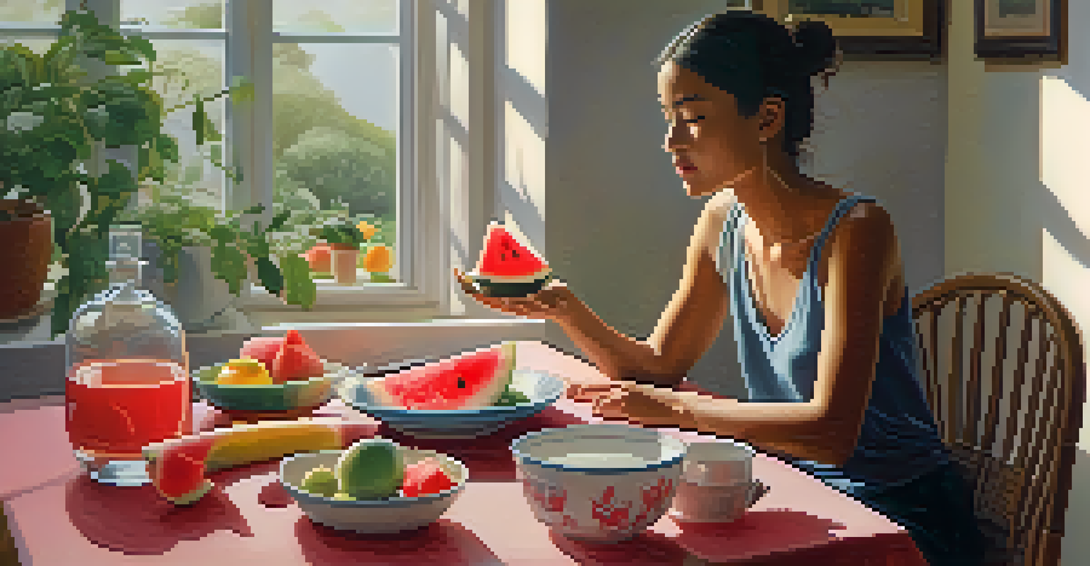 A person practicing mindful eating at a cozy table with a bowl of fruits and a glass of water, looking serene and focused.