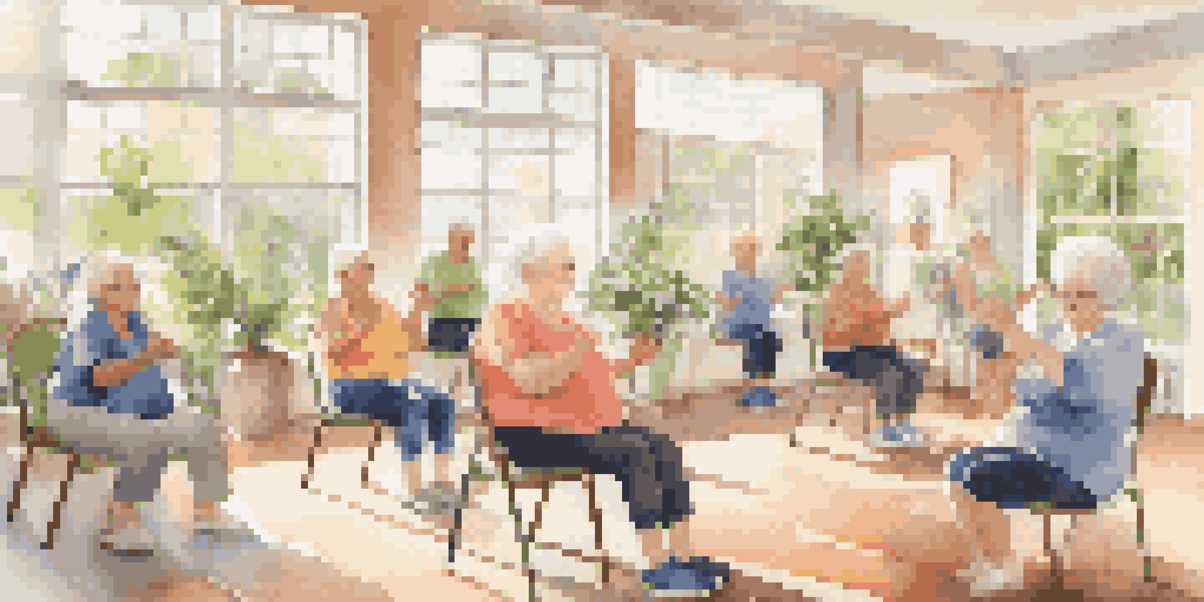 A group of elderly individuals participating in chair exercises in a bright community center, smiling and supportive.