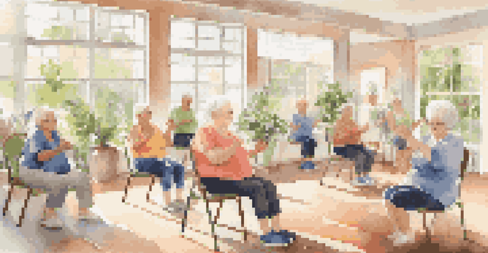 A group of elderly individuals participating in chair exercises in a bright community center, smiling and supportive.