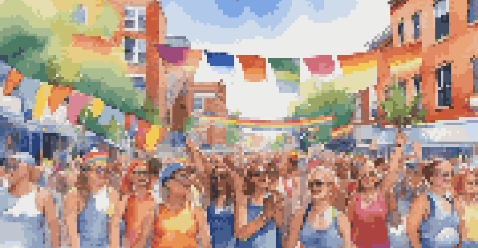 A colorful pride parade showcasing individuals celebrating LGBTQ+ health, with vibrant floats, banners, and rainbow flags under a sunny sky.