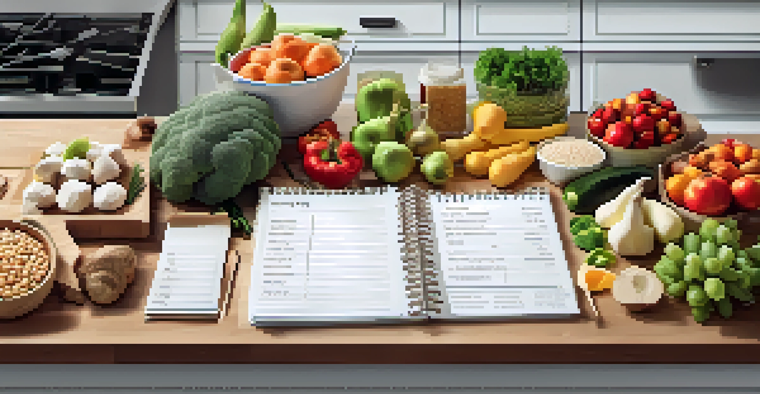 An overhead view of a grocery list on a kitchen counter surrounded by fresh produce and a shopping bag.