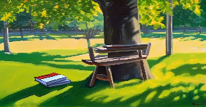 An outdoor therapy setting with a chair under a tree, a notebook and pen on a table, surrounded by a peaceful park with grass and flowers.