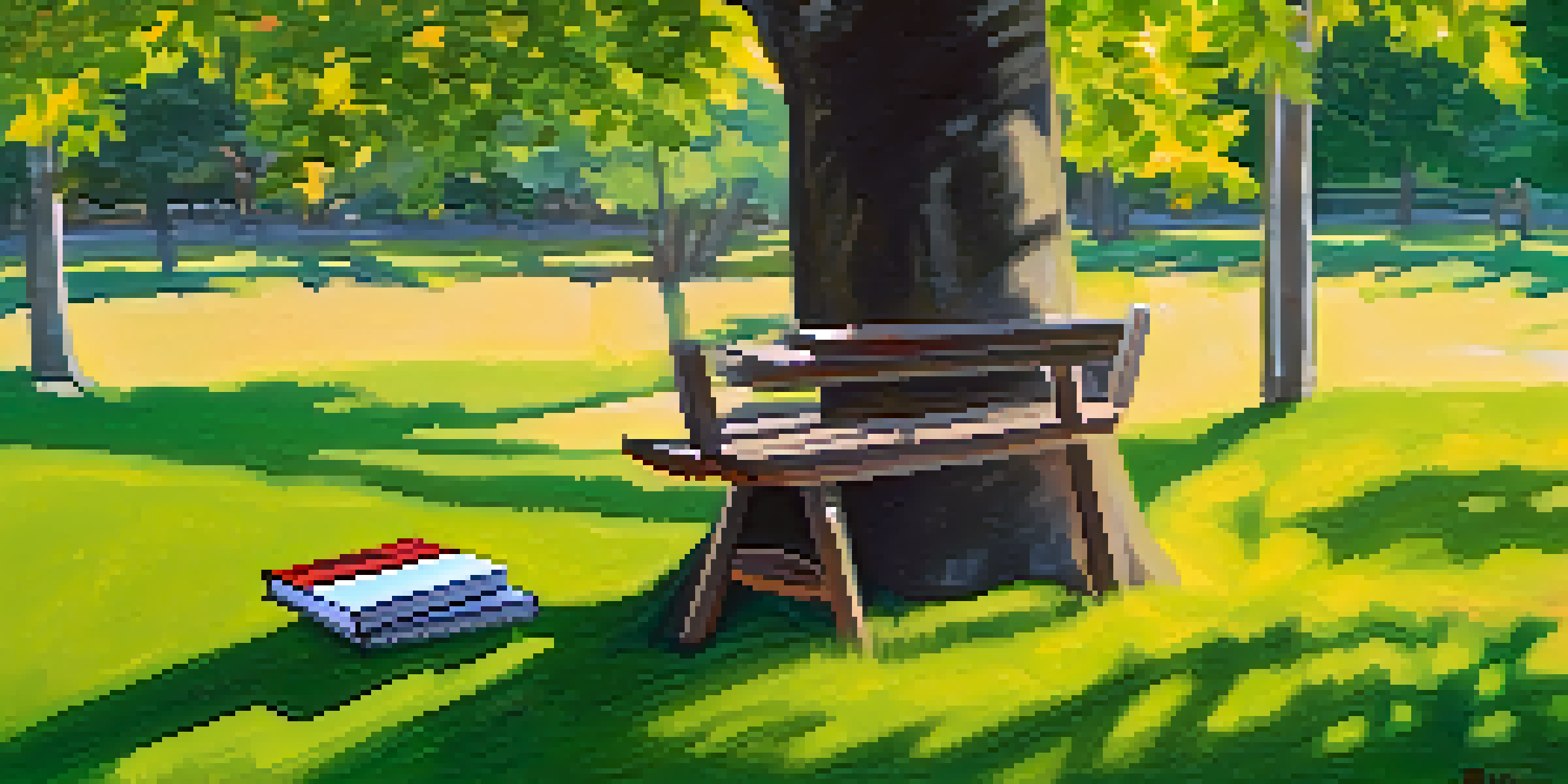 An outdoor therapy setting with a chair under a tree, a notebook and pen on a table, surrounded by a peaceful park with grass and flowers.