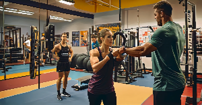 A strength and conditioning coach assisting an athlete with rehabilitation exercises in a well-lit gym.