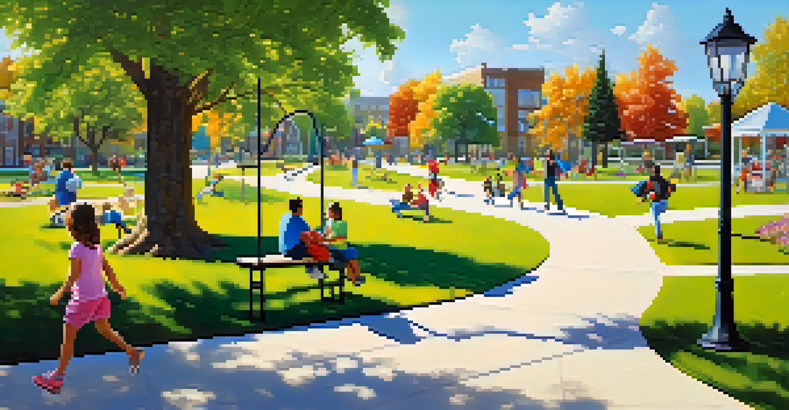 A lively community park with families playing, people jogging, and colorful flowers, highlighting an active and healthy neighborhood.