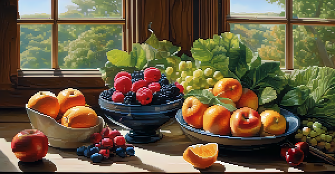 A colorful arrangement of fruits and vegetables on a wooden table, illuminated by soft natural light.