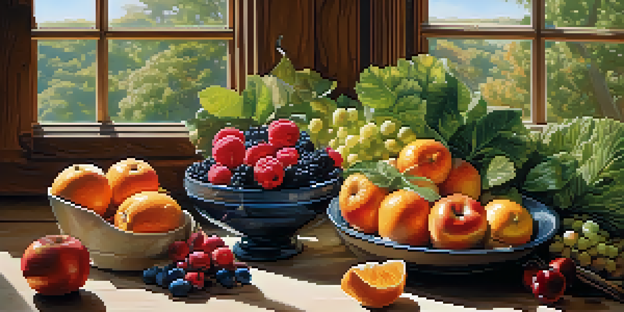 A colorful arrangement of fruits and vegetables on a wooden table, illuminated by soft natural light.
