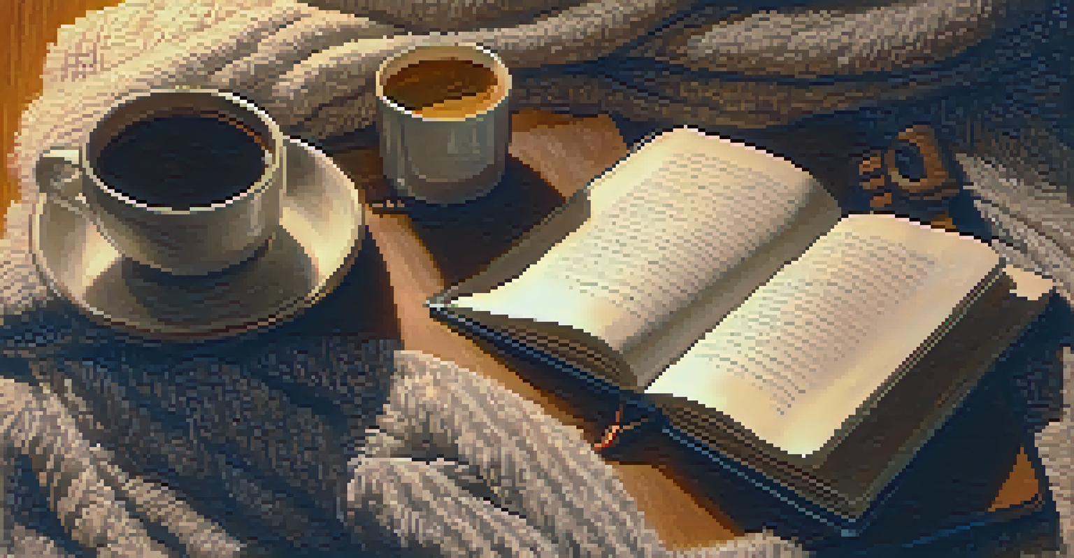 A person writing in a notebook with a cozy blanket, candle, and coffee nearby, all in warm lighting.