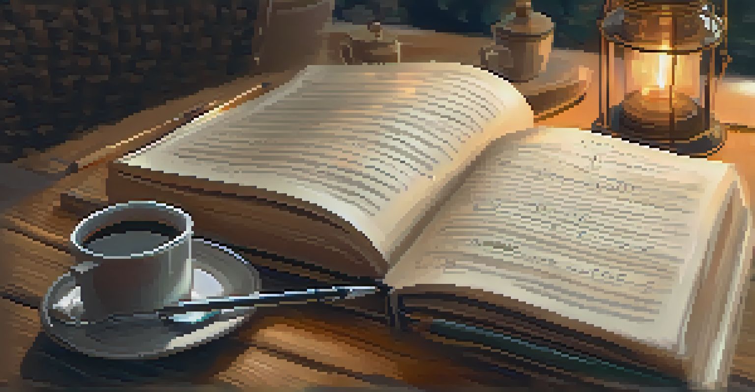 A hand writing in a journal filled with motivational quotes, set in a cozy environment with a warm lamp and coffee.