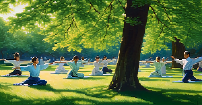 A diverse group practicing Tai Chi in a sunlit park surrounded by green trees and a blue sky.