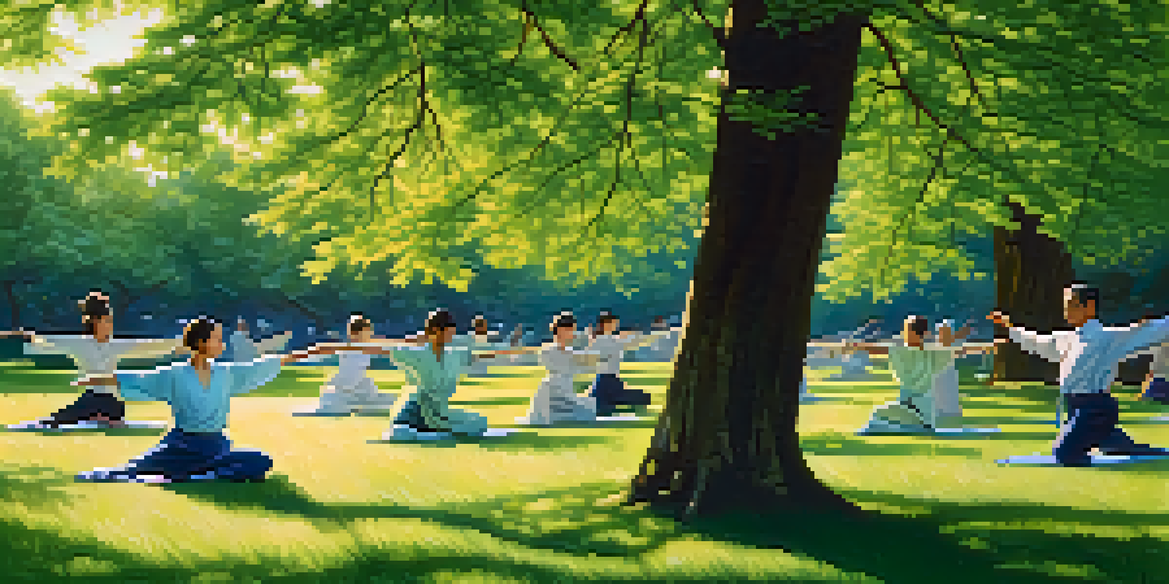 A diverse group practicing Tai Chi in a sunlit park surrounded by green trees and a blue sky.