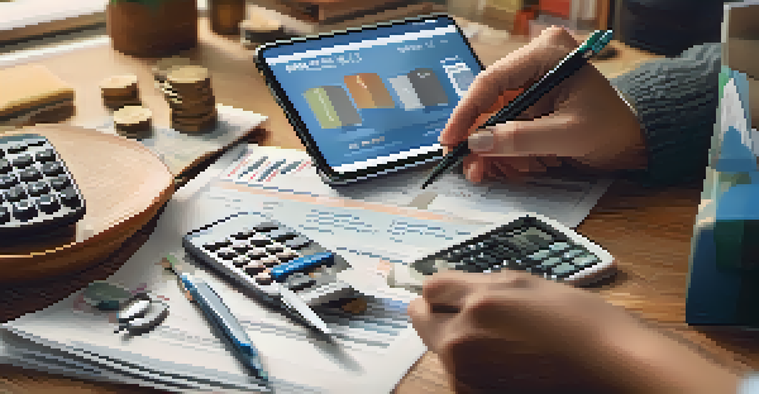 Diverse hands holding financial tools like a smartphone, calculator, and coins, against a blurred modern living room.