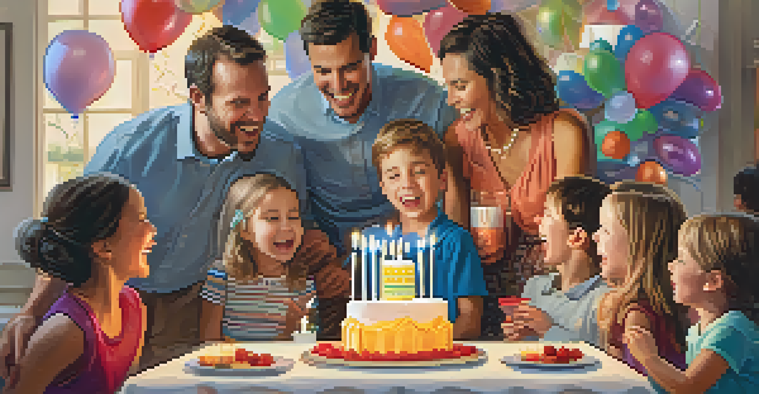 A family celebrating a birthday in a decorated room, with balloons and a cake, as a child blows out candles surrounded by smiling family members.