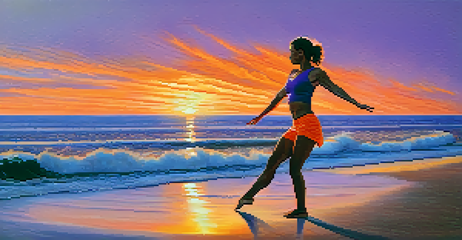 An individual practicing Warrior III pose on a beach at sunset, with vibrant sky colors and calm waves, representing focus and strength.
