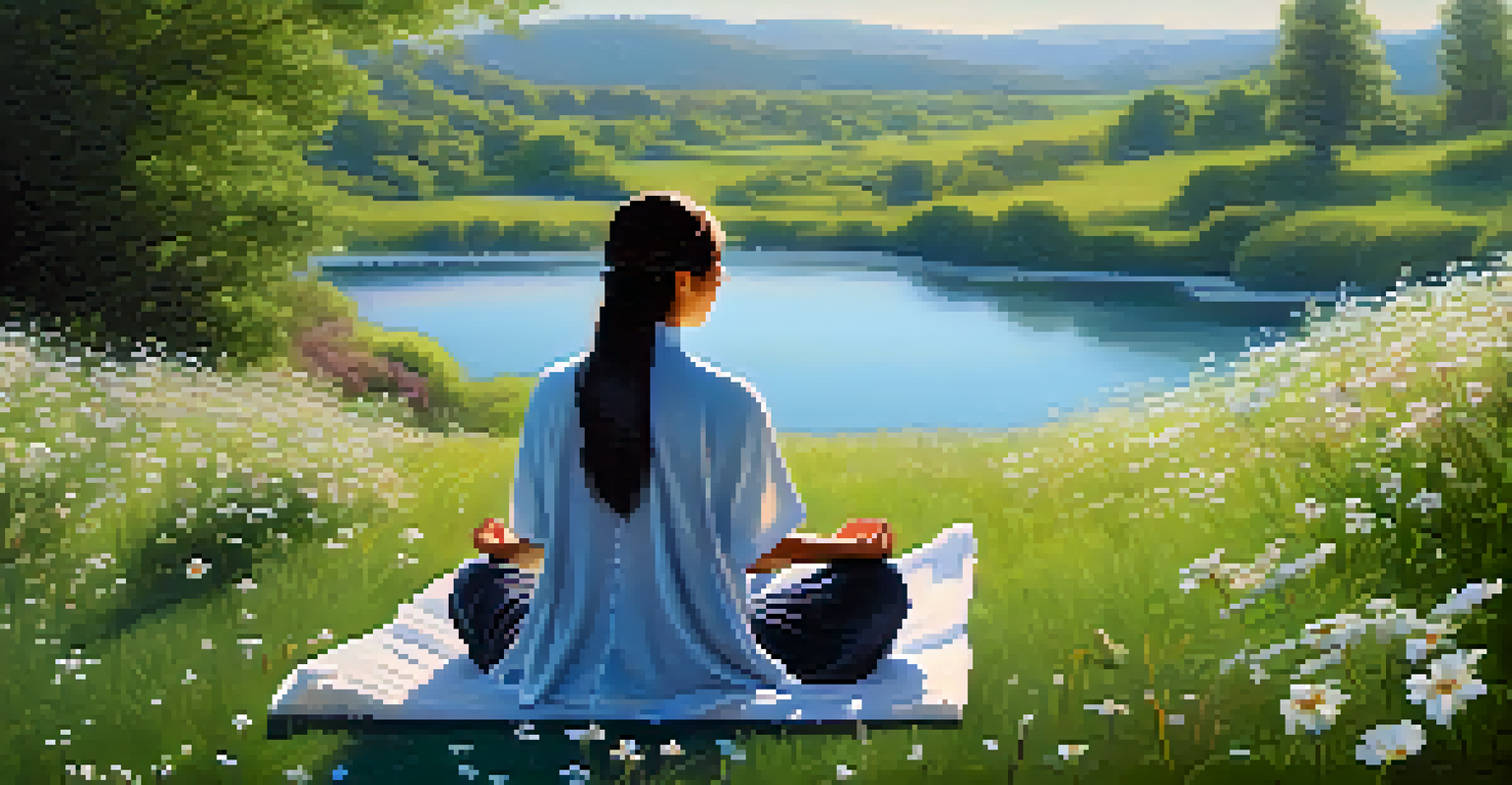 A person meditating peacefully on a grassy hill, surrounded by blooming flowers and nature, creating a tranquil atmosphere.
