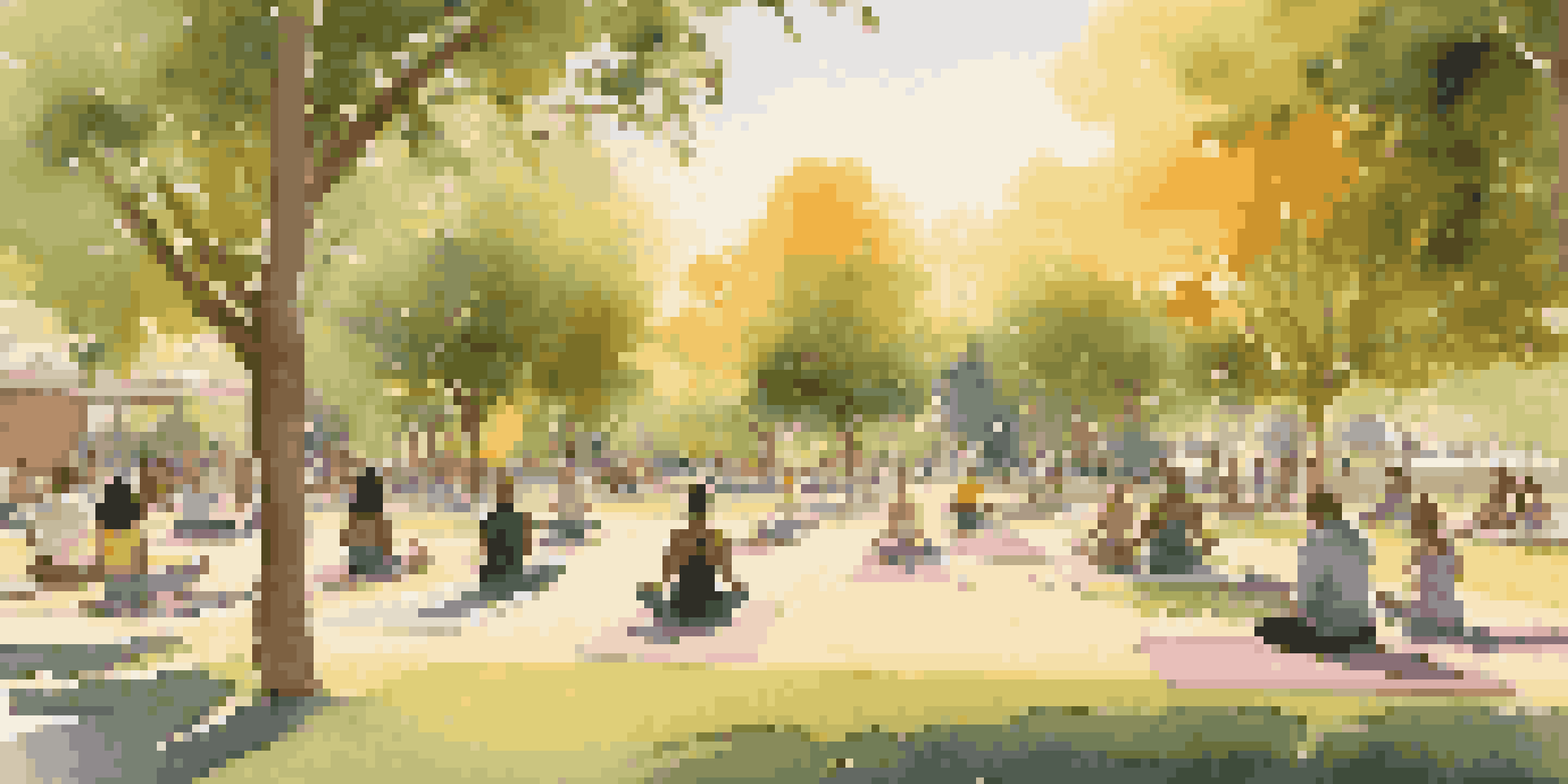 A peaceful community park filled with diverse individuals practicing yoga and meditation during sunset, surrounded by trees and warm sunlight.
