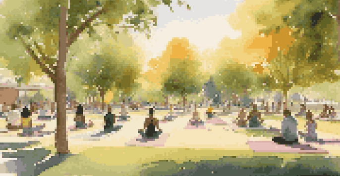 A peaceful community park filled with diverse individuals practicing yoga and meditation during sunset, surrounded by trees and warm sunlight.