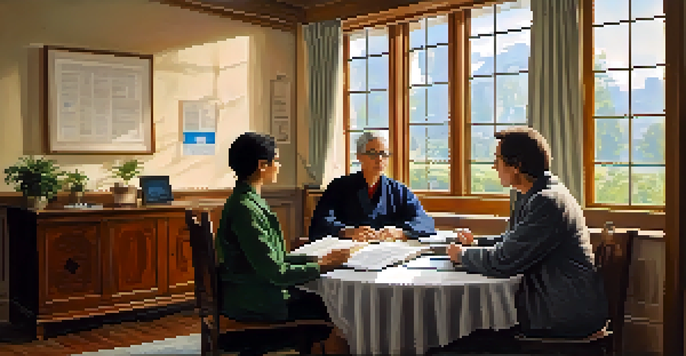 A patient advocate and a chronically ill patient engaged in a conversation at a round table filled with medical documents, in a warmly lit room.