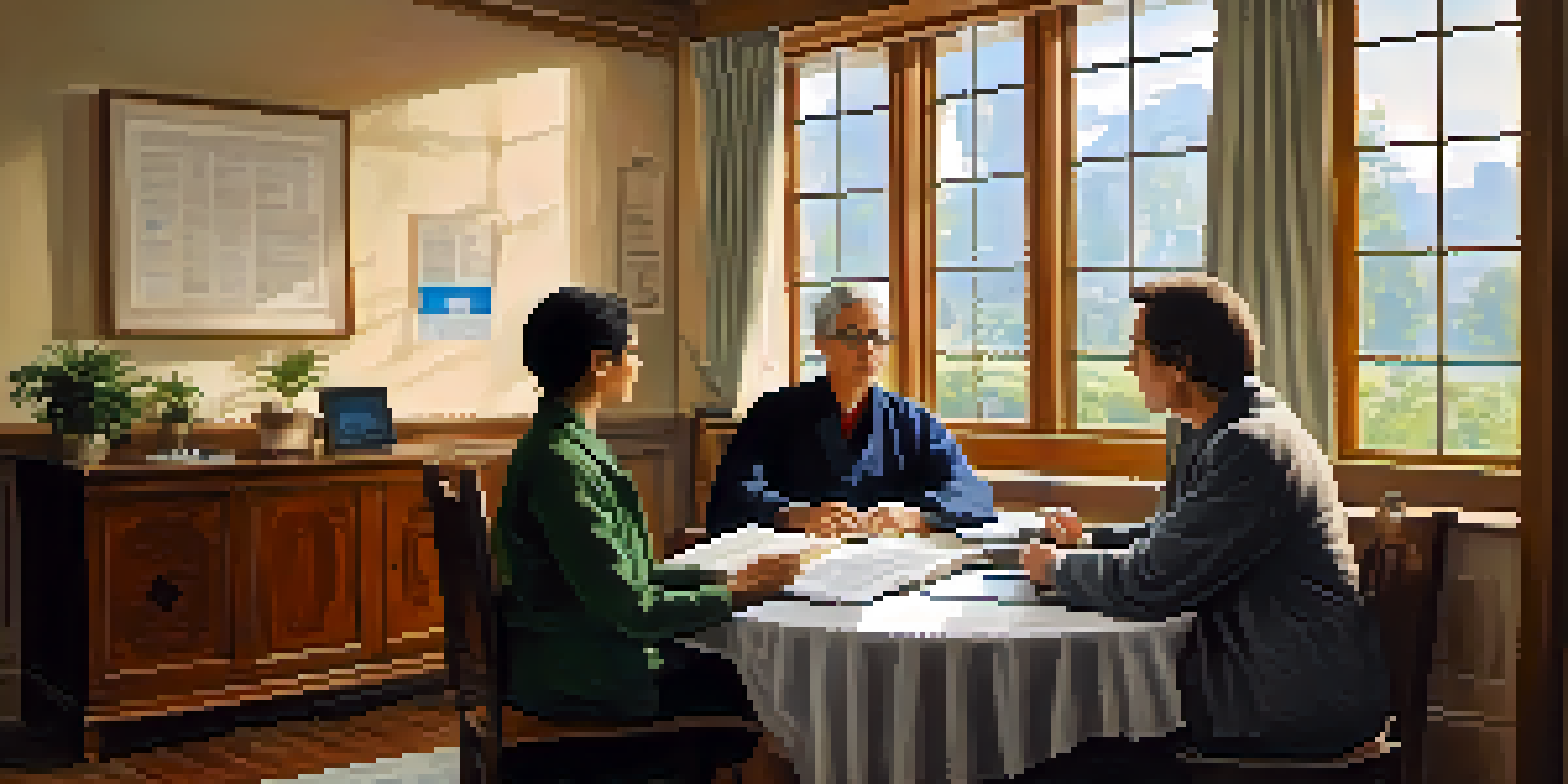 A patient advocate and a chronically ill patient engaged in a conversation at a round table filled with medical documents, in a warmly lit room.