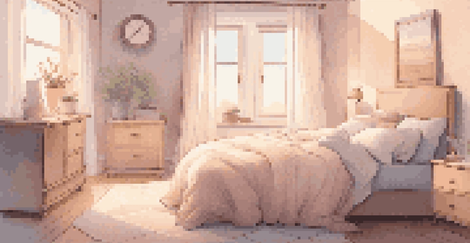 A peaceful bedroom with soft lighting and a cozy bed, promoting a calming atmosphere for sleep.