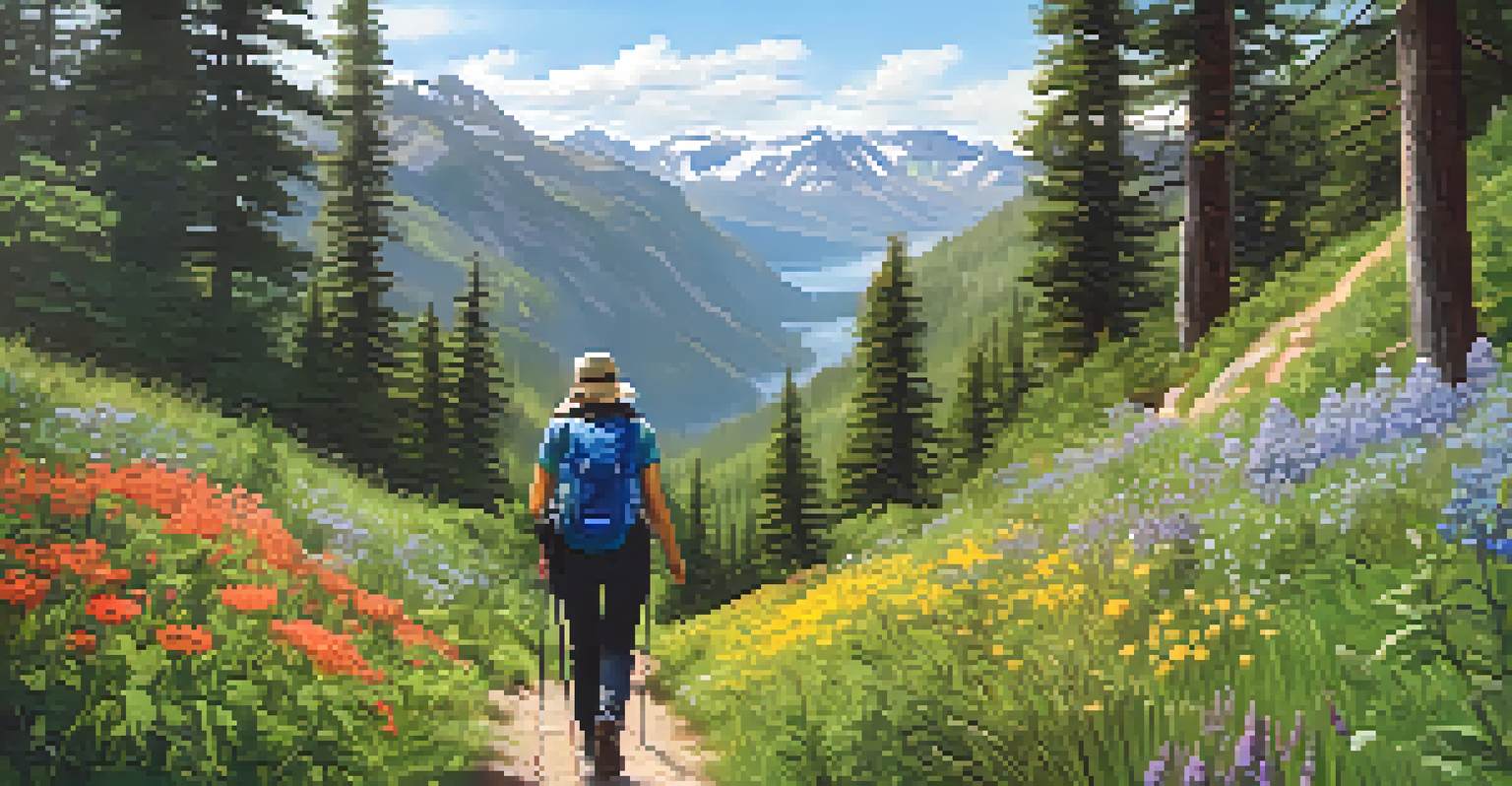A person hiking on a scenic trail surrounded by greenery and flowers, representing the joy of nature and mental wellbeing during a digital detox.