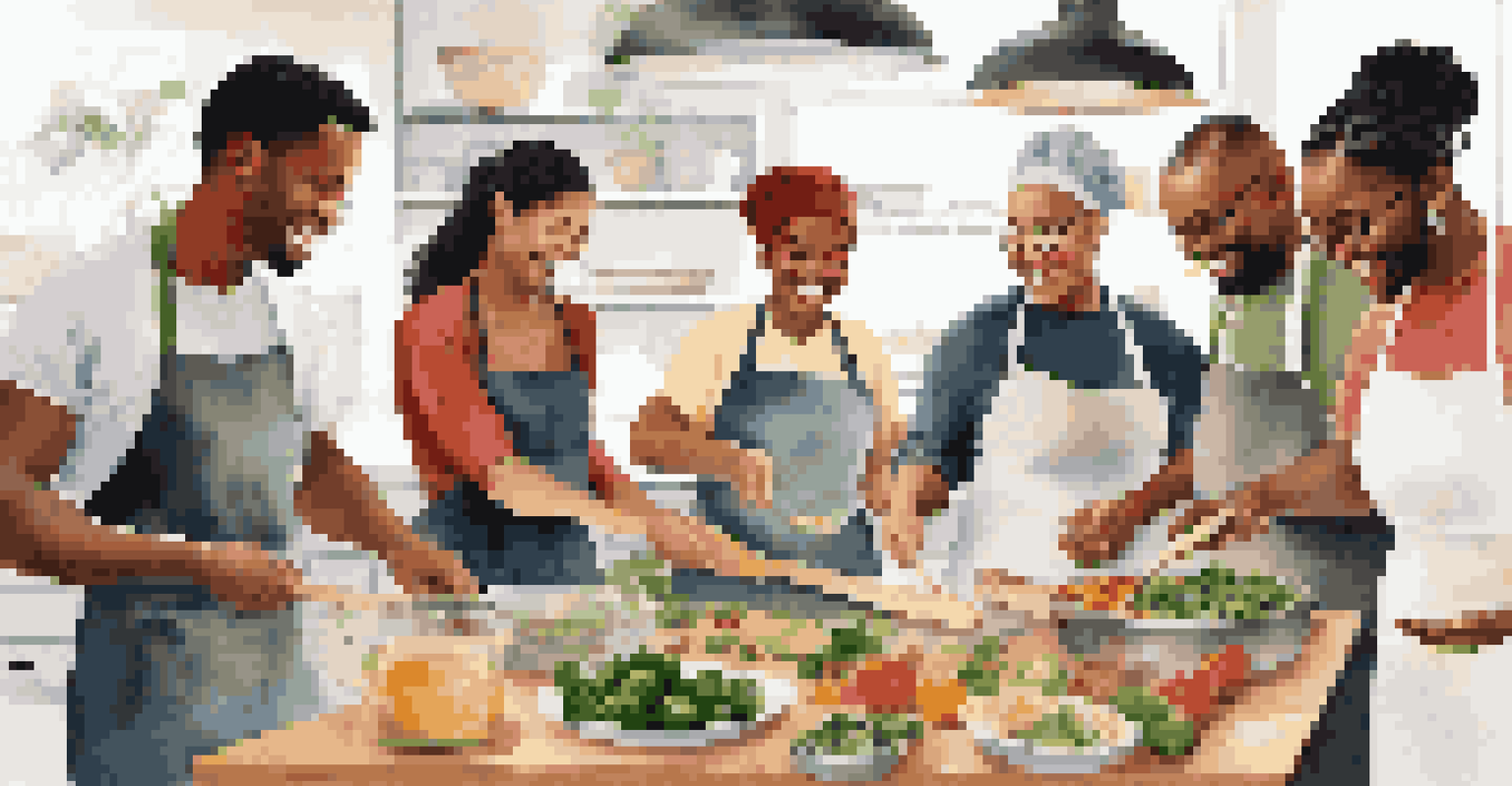 A diverse group of people in a cooking class preparing a healthy meal together, showcasing collaboration in culinary education.