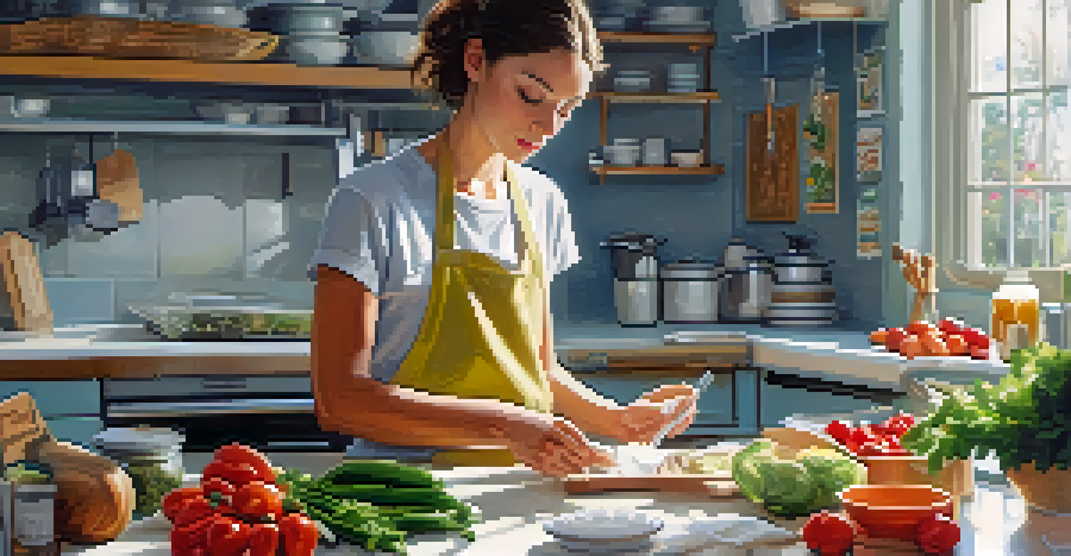 A person in a bright kitchen reading food labels while preparing a meal, with fresh vegetables arranged on the counter, emphasizing allergen avoidance.