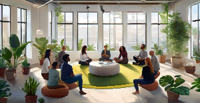 A group of diverse employees participating in a mindfulness workshop in a bright, plant-filled office.