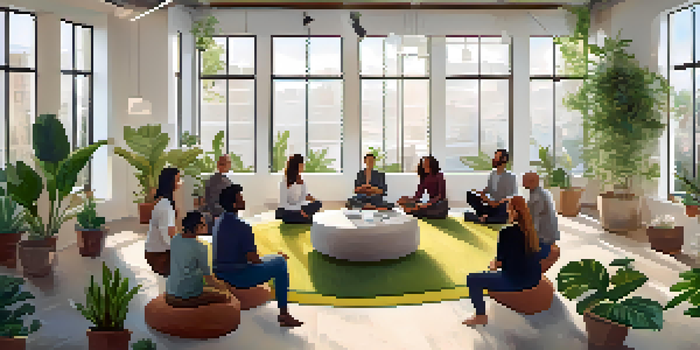 A group of diverse employees participating in a mindfulness workshop in a bright, plant-filled office.