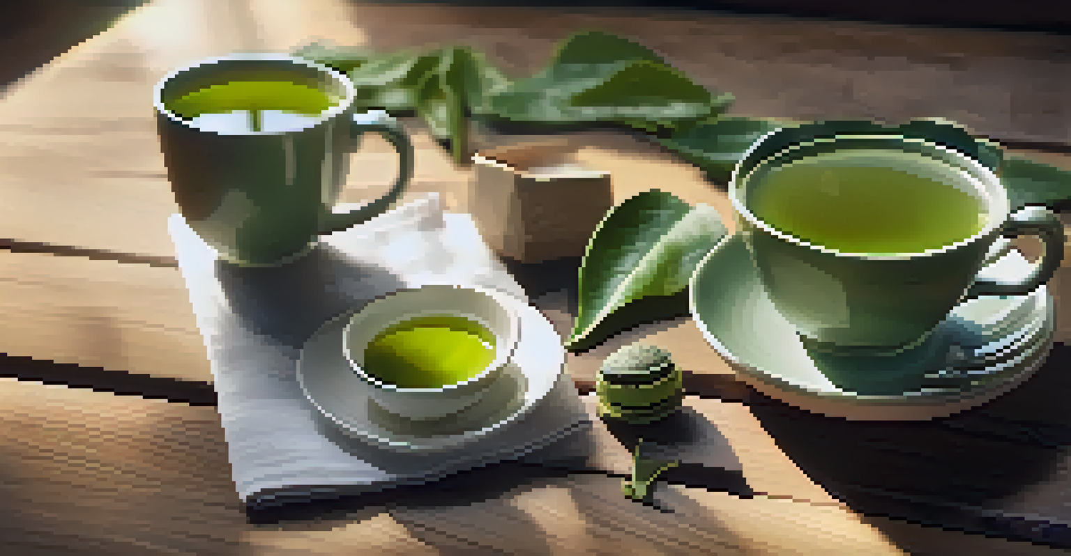 A flat lay of green tea extract capsules, fresh leaves, and a cup of tea on a wooden table with warm sunlight.