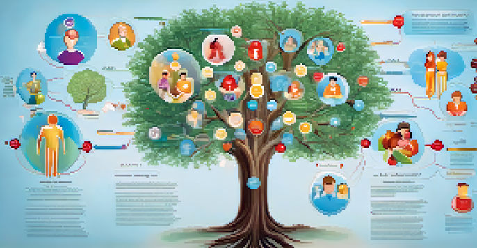 A colorful family tree diagram illustrating family health history with icons for various health conditions.
