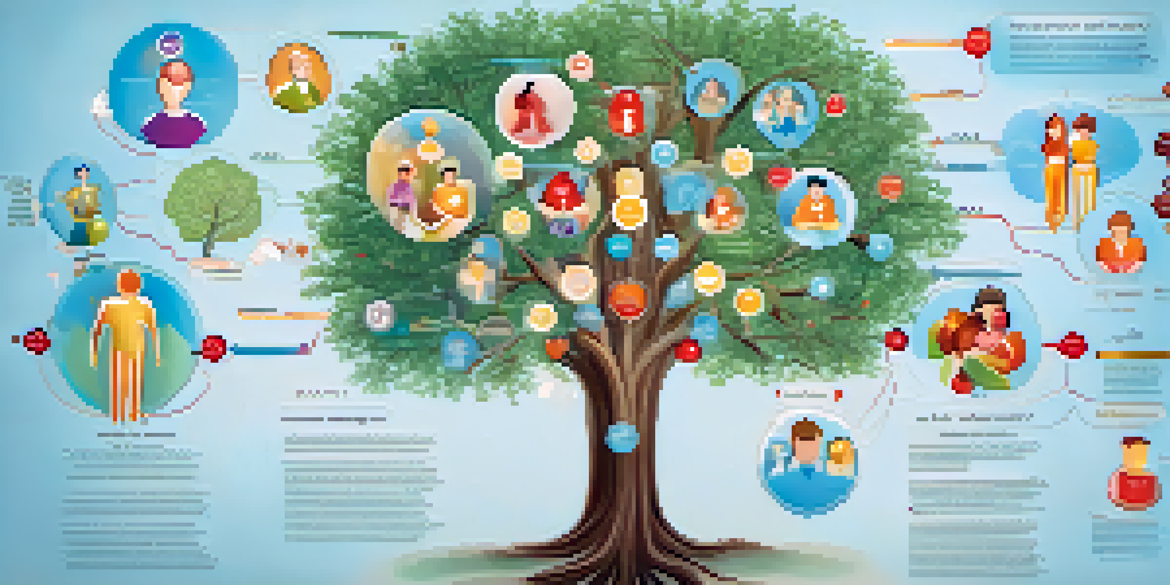 A colorful family tree diagram illustrating family health history with icons for various health conditions.