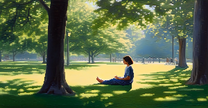 A person meditating in a peaceful park, surrounded by flowers and trees, with sunlight filtering through the leaves.