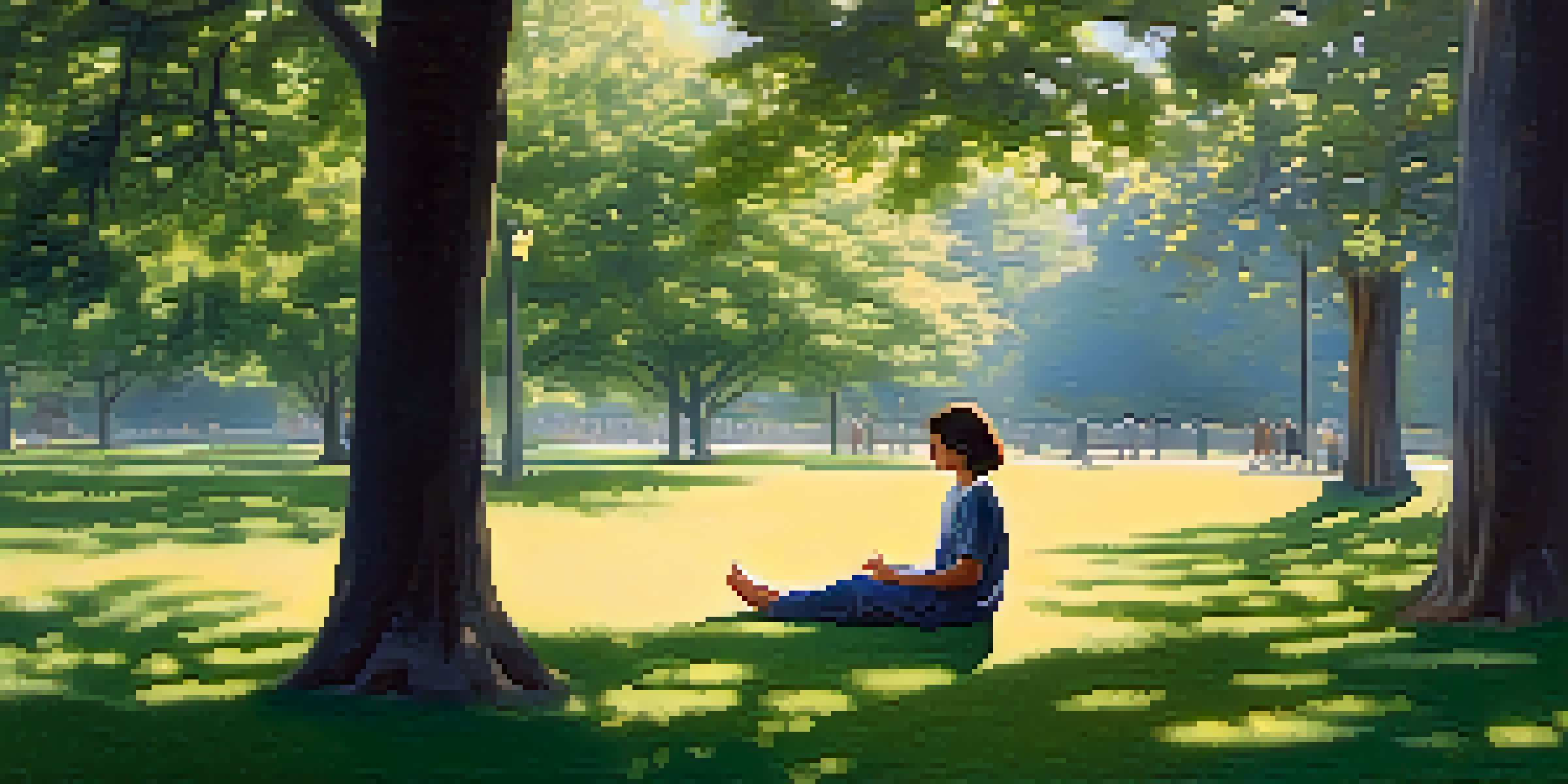 A person meditating in a peaceful park, surrounded by flowers and trees, with sunlight filtering through the leaves.