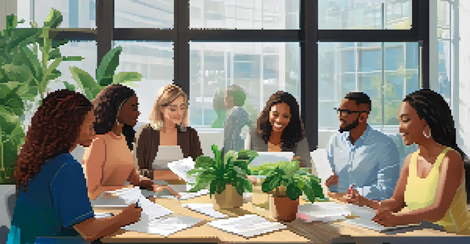 A diverse group of employees participating in a wellness workshop in a modern office, with natural light and motivational posters.