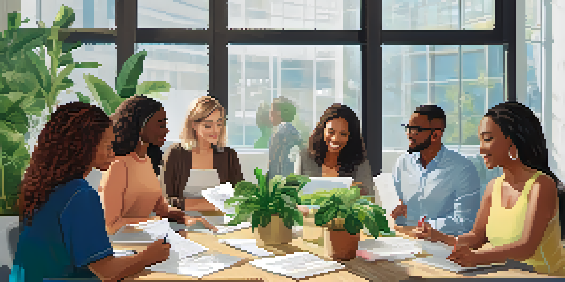 A diverse group of employees participating in a wellness workshop in a modern office, with natural light and motivational posters.