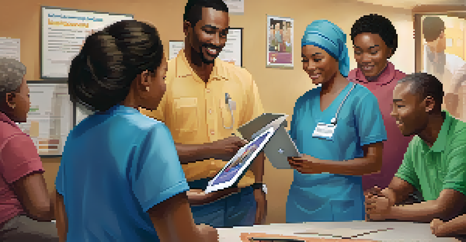 A community health worker showing health data on a tablet to residents in a cozy community center.