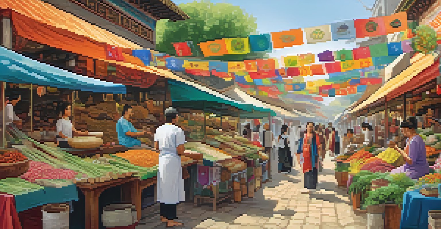 A vibrant marketplace featuring stalls for herbal medicine, acupuncture tools, and yoga classes, with people of diverse backgrounds interacting.
