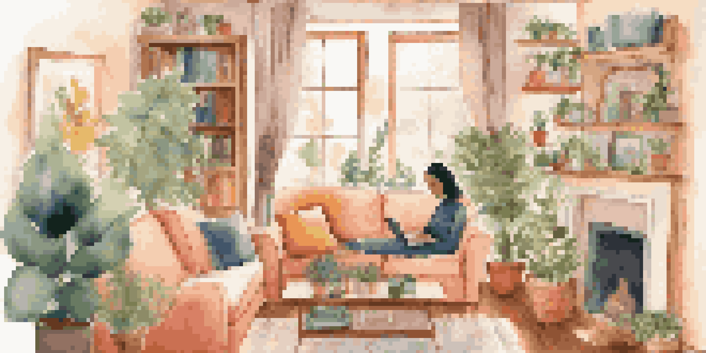A person in pajamas sitting on a couch, having a video call with a therapist in a cozy living room.