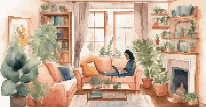 A person in pajamas sitting on a couch, having a video call with a therapist in a cozy living room.