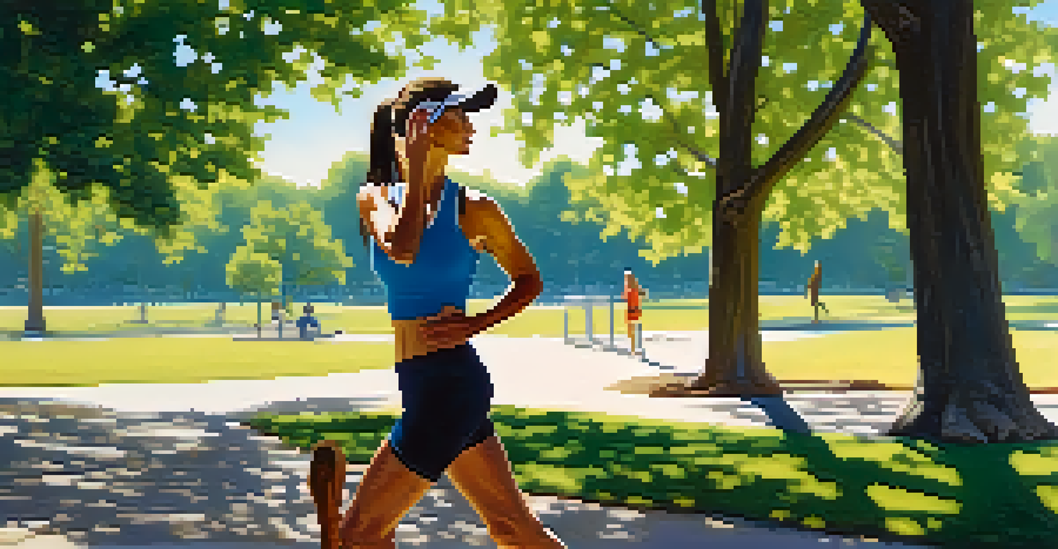 A runner taking a hydration break in a park, surrounded by trees and a blue sky.