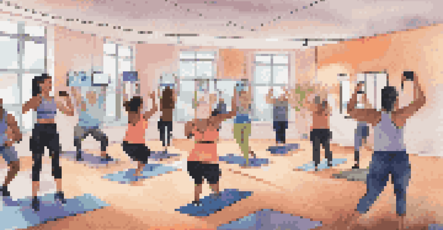 A virtual fitness class with multiple participants on video call, each in their own home, exercising together in a lively and supportive atmosphere.