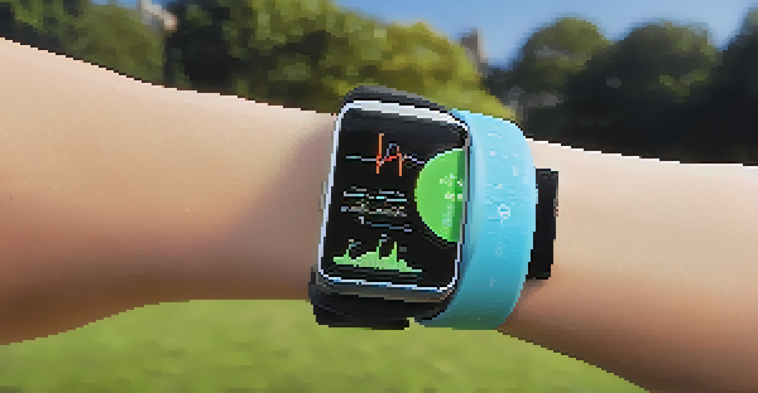 A close-up of a wearable health device displaying health data outdoors.