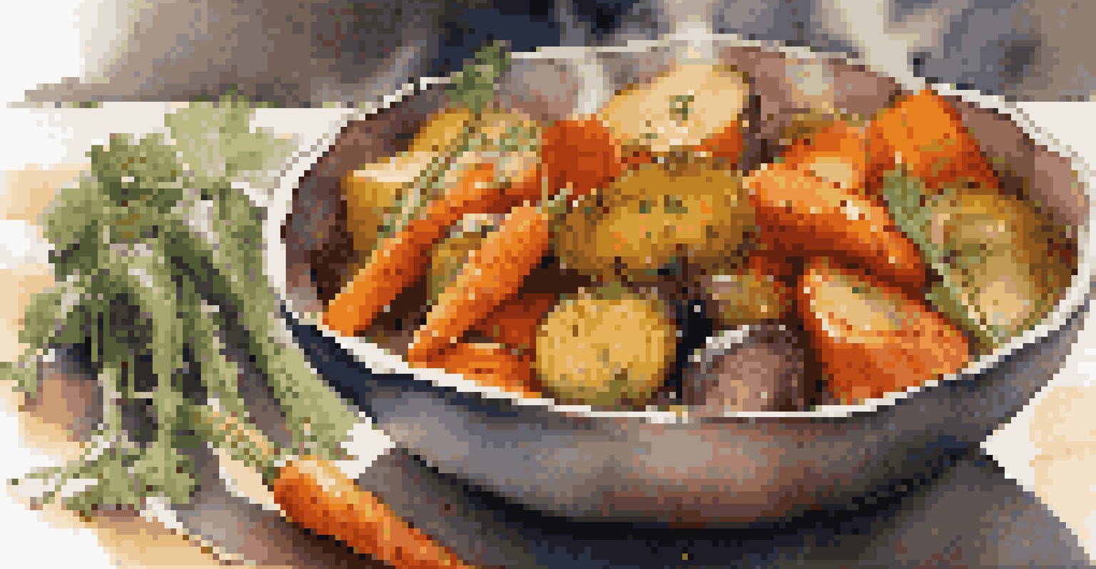 A close-up of a steaming bowl of roasted carrots, sweet potatoes, and bell peppers, garnished with herbs, illuminated by warm lighting.