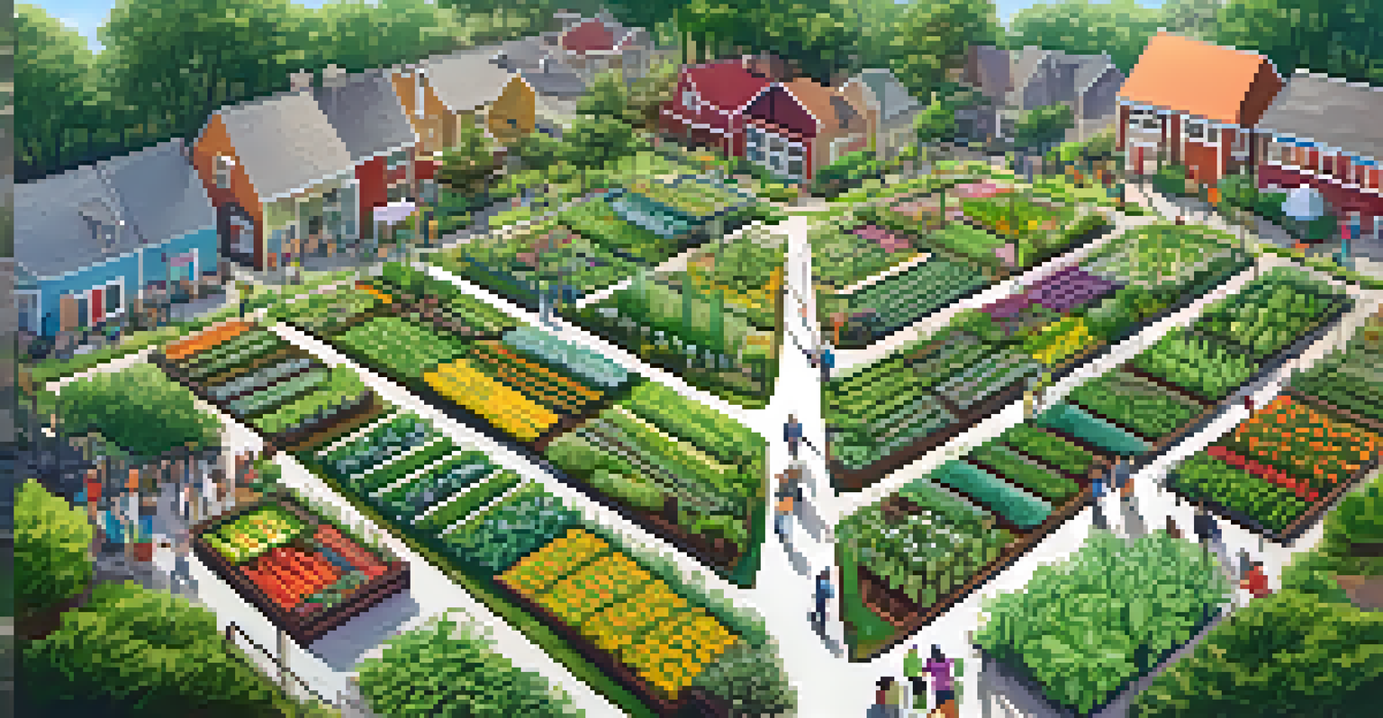 Aerial view of a vibrant community garden with various plots of vegetables and herbs, highlighting community collaboration.