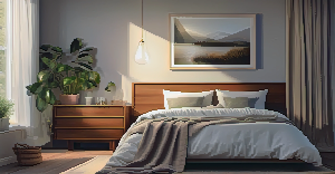 A cozy bedroom with a neatly made bed, warm lighting, and a bedside table with a plant and a book.