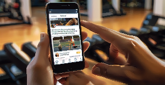 An athlete's hands typing on a smartphone in a gym environment, sharing their recovery journey on social media.
