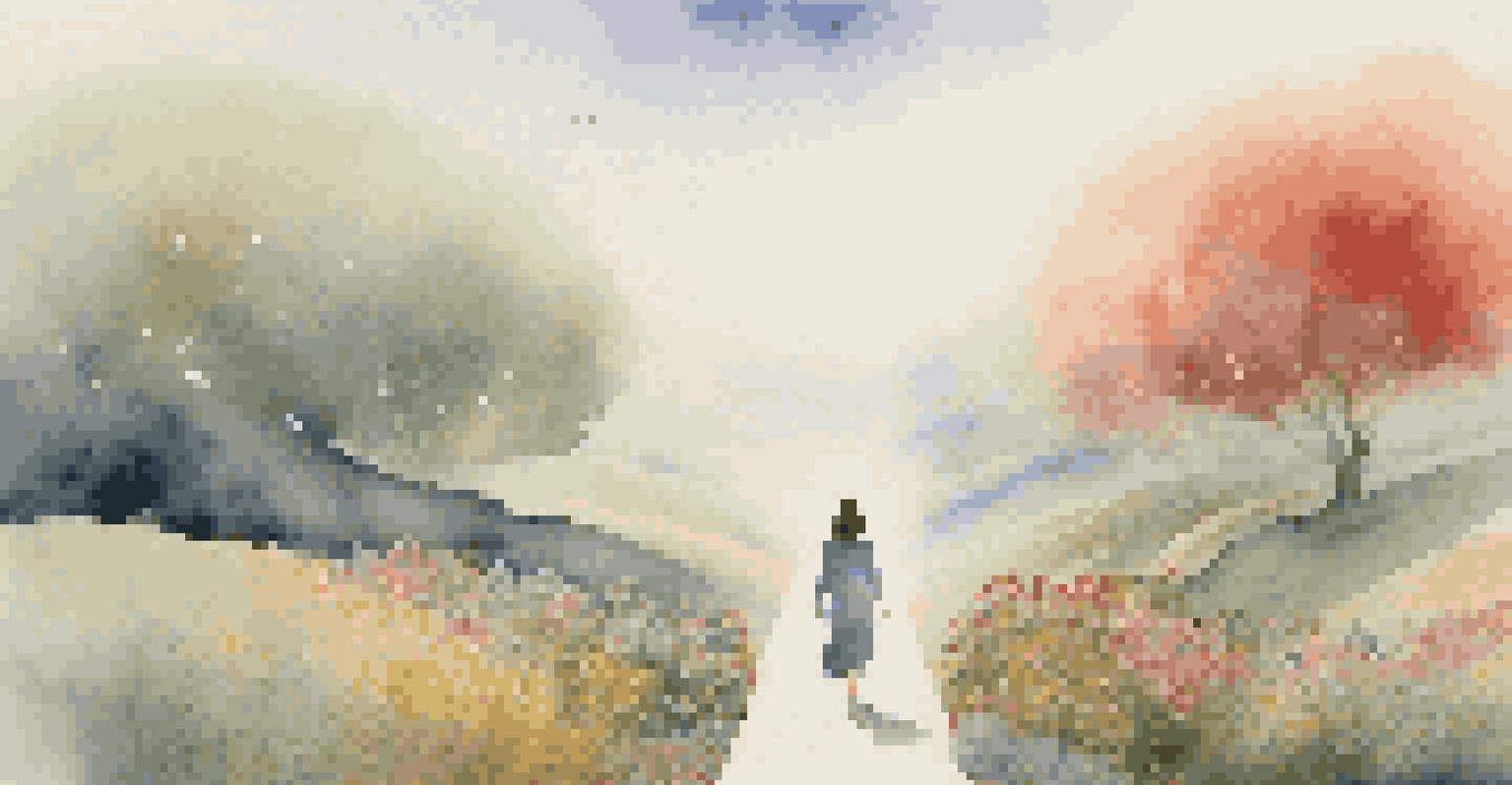 A woman standing at a path split in two, symbolizing life transitions, with one path bright and the other misty.